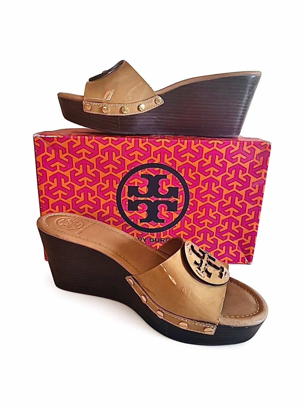 Tory Burch Patti Wedge (Patent) in Sand size 8.5M, 80mm heel, Original Box